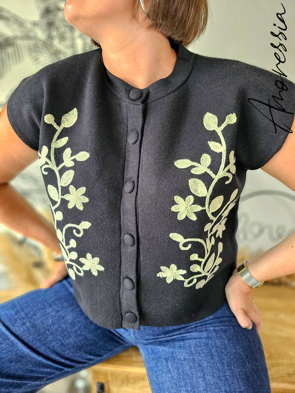Gilet Prima — Gilet Noir Sans Manches Broderie Botanique Femme