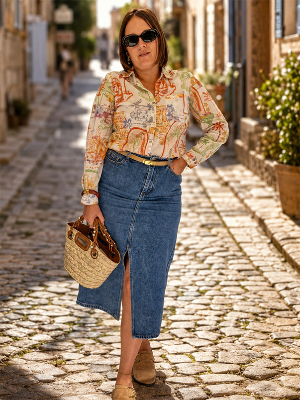 Tenue décontractée femme — chemise blanche imprimé coloré et jupe longue denim, Amoressia