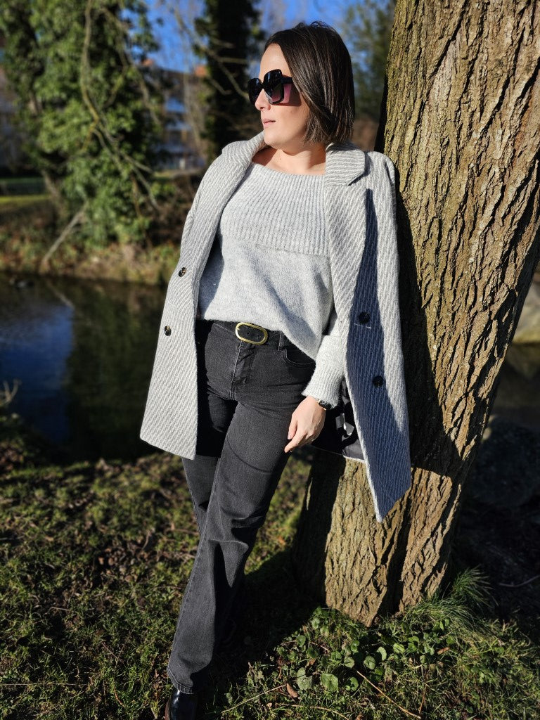 Manteau femme hiver mi-long oversize gris et blanc, Amoressia