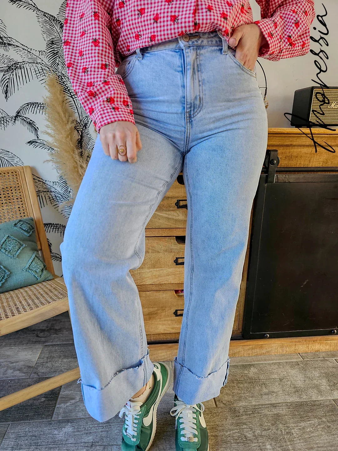 Jean femme coupe droite taille haute à revers, bleu clair, Amoressia
