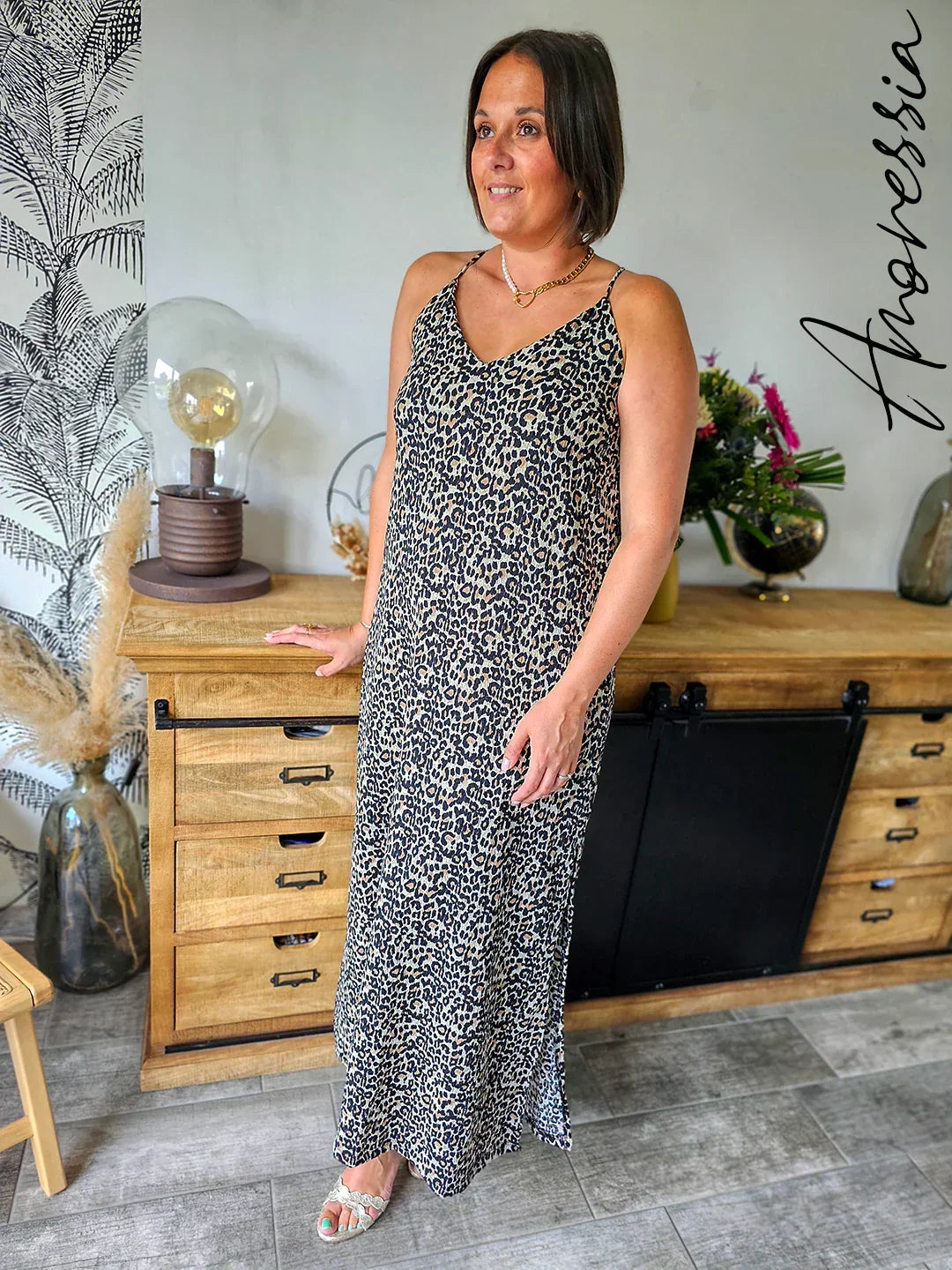 Robe longue léopard fluide dos croisé, Amoressia