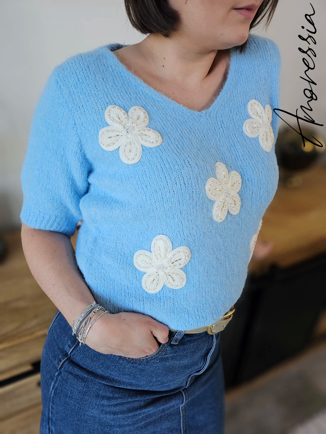 Pull Azur — Pull Bleu Femme zoom matière