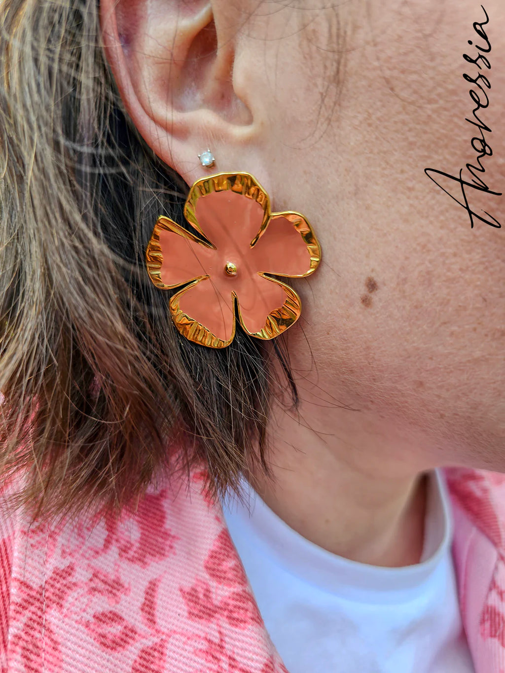 Boucles d'Oreilles Rose — Boucles Roses Dorées Femme