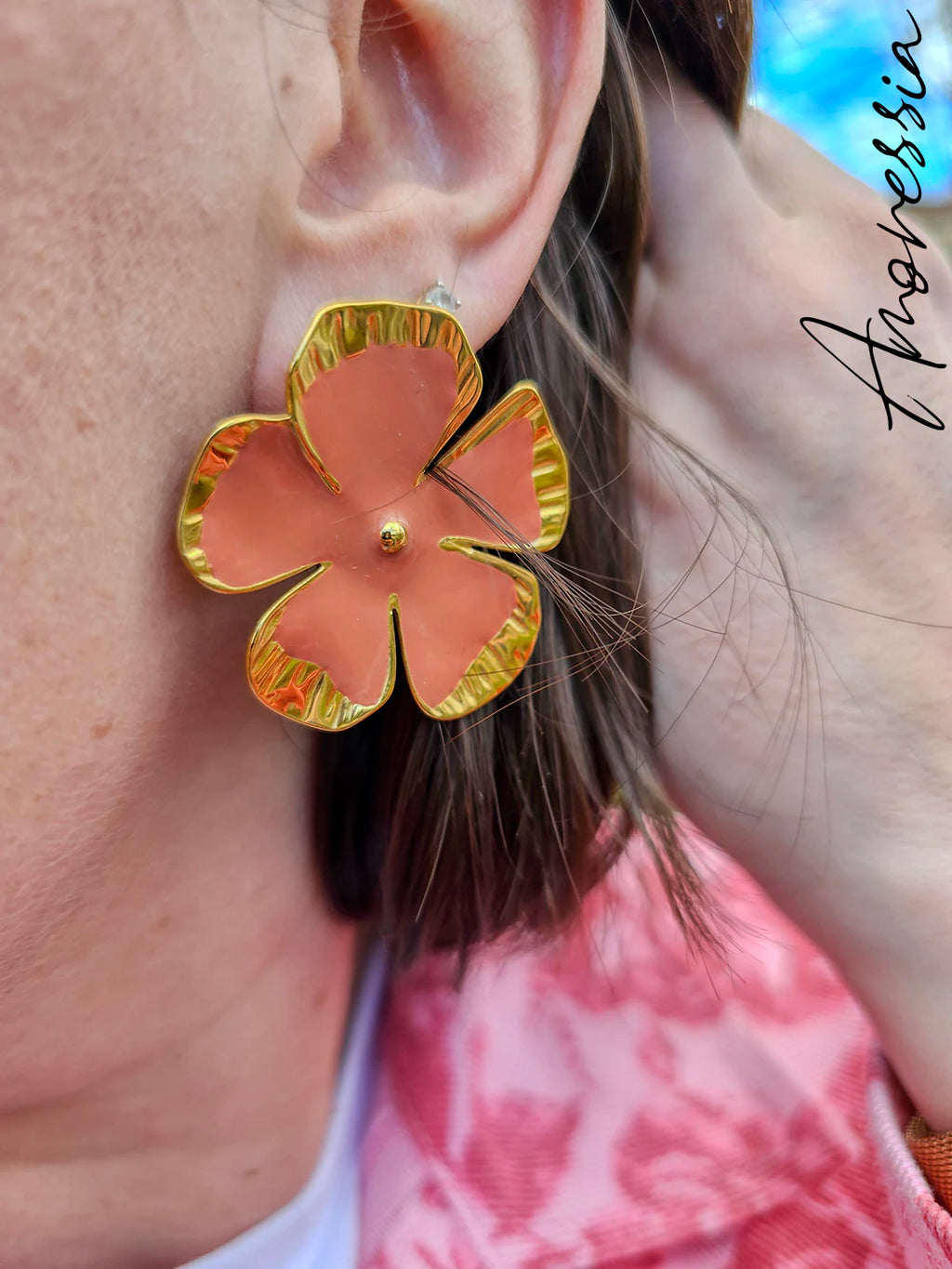 Boucles d'Oreilles Rose — Boucles Roses Dorées Femme autre vue
