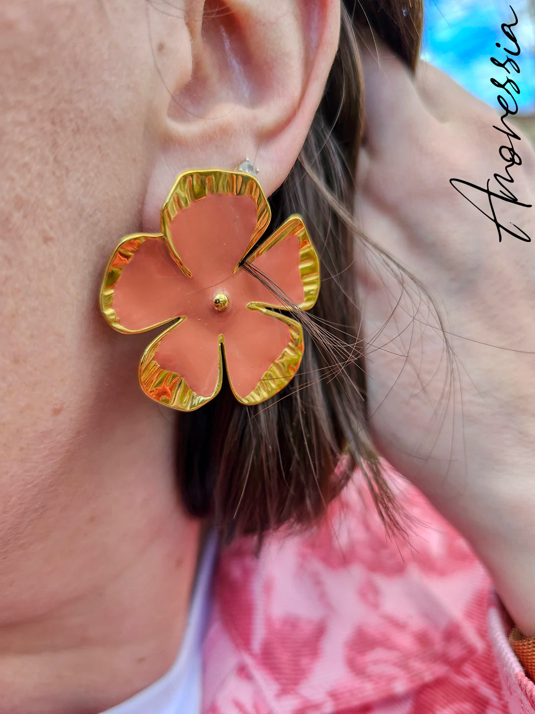 Boucles d'Oreilles Rose — Boucles Roses Dorées Femme autre vue