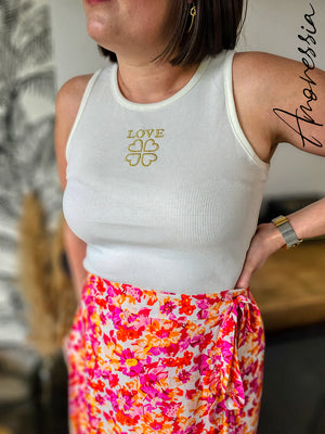 Débardeur Blanc Love — Débardeur Côtelé Blanc Inscription Dorée Femme