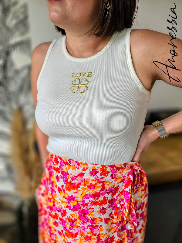 Débardeur Blanc Love — Débardeur Côtelé Blanc Inscription Dorée Femme