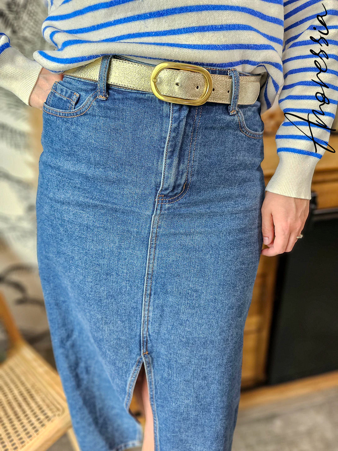 Jupe longue en jean — Jupe Longue Denim Femme photo portée