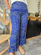Pantalon Bora Bleu — Pantalon Bleu Imprimé Bandana Volants Femme