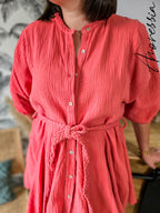 Robe Olbia — Robe Chemise Ample Terracotta Gaze de Coton Femme photo portée