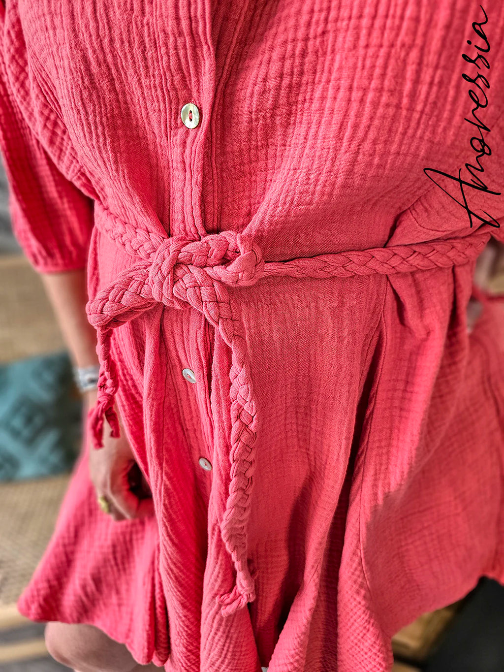 Robe Olbia — Robe Chemise Ample Terracotta Gaze de Coton Femme vue détail