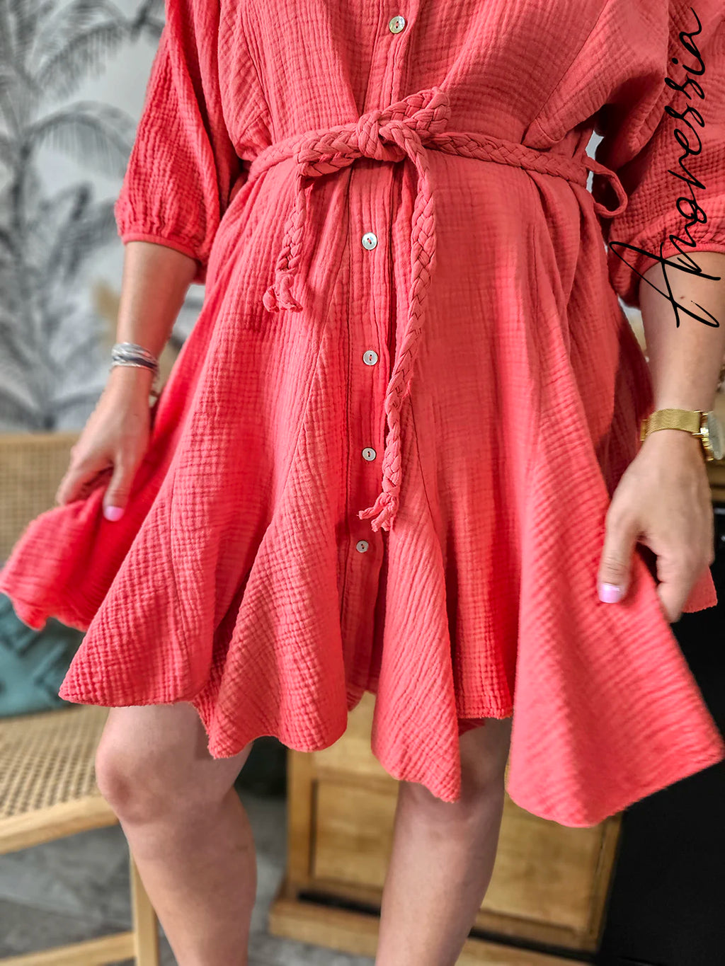 Robe Olbia — Robe Chemise Ample Terracotta Gaze de Coton Femme photo lifestyle