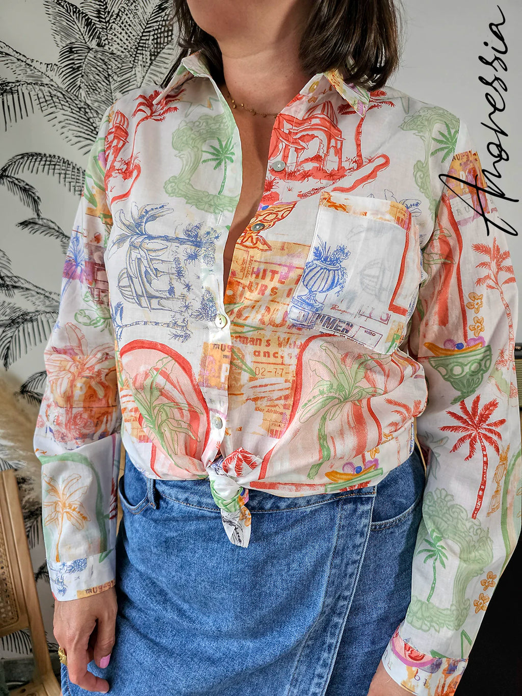 Chemise Como — Chemise Blanche Imprimé Coloré Femme photo portée