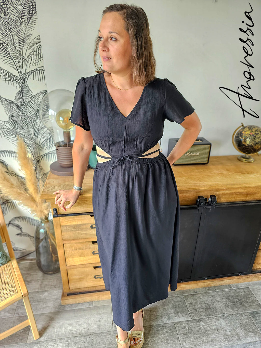 Robe Toscane — Robe Longue Noire Ouvertures Côtés Femme