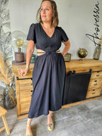 Robe Toscane — Robe Longue Noire Ouvertures Côtés Femme