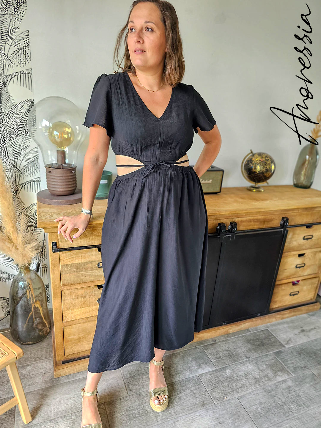 Robe Toscane — Robe Longue Noire Ouvertures Côtés Femme