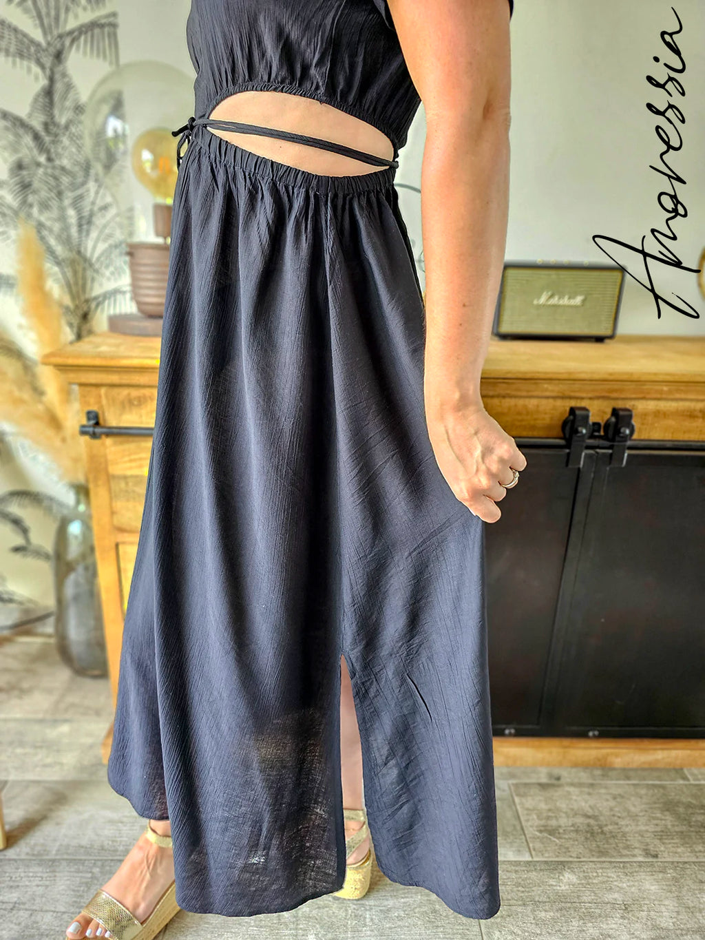 Robe Toscane — Robe Longue Noire Ouvertures Côtés Femme