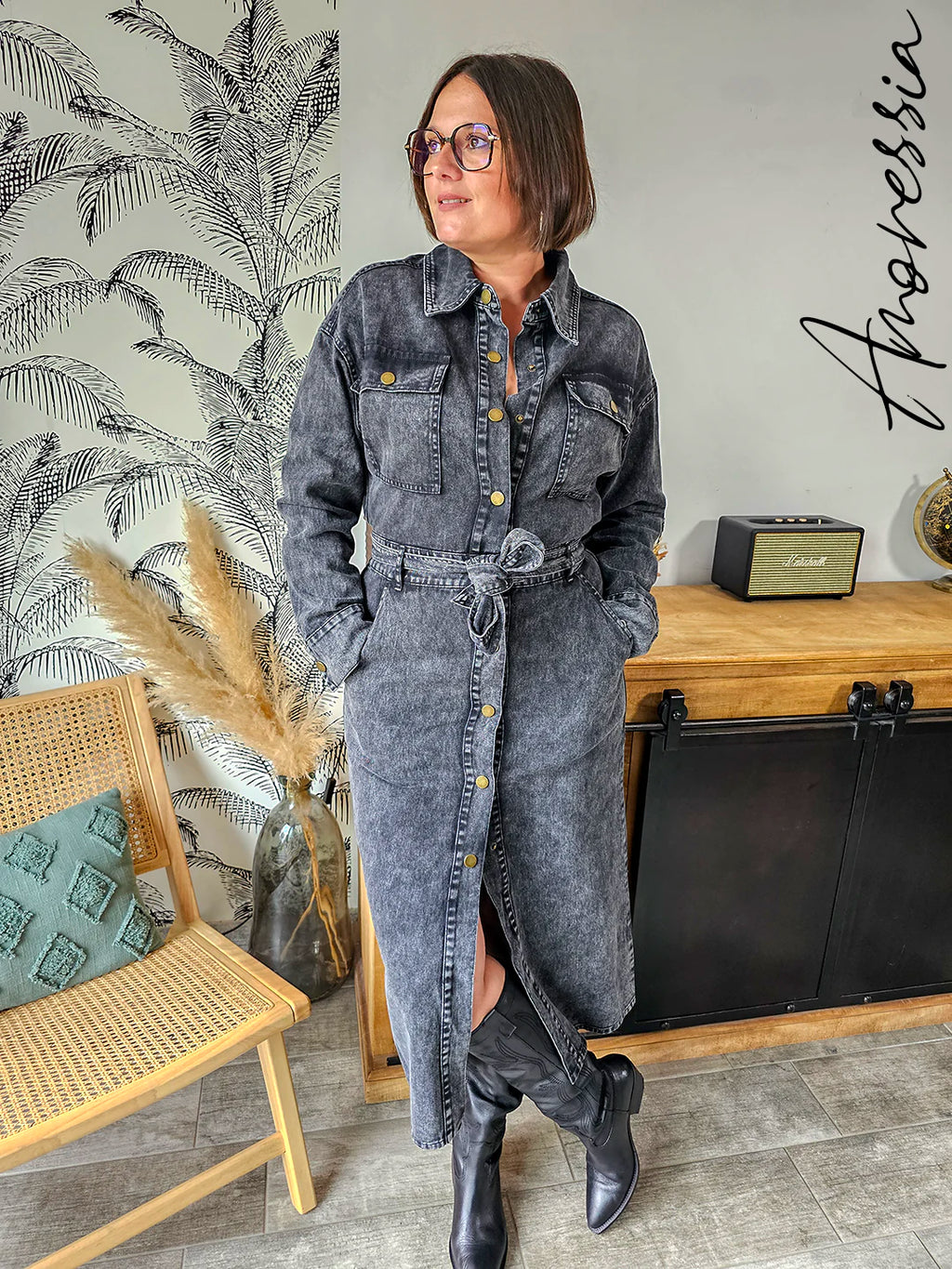 Robe Joia — Robe Longue Denim Délavée Manches Longues Femme