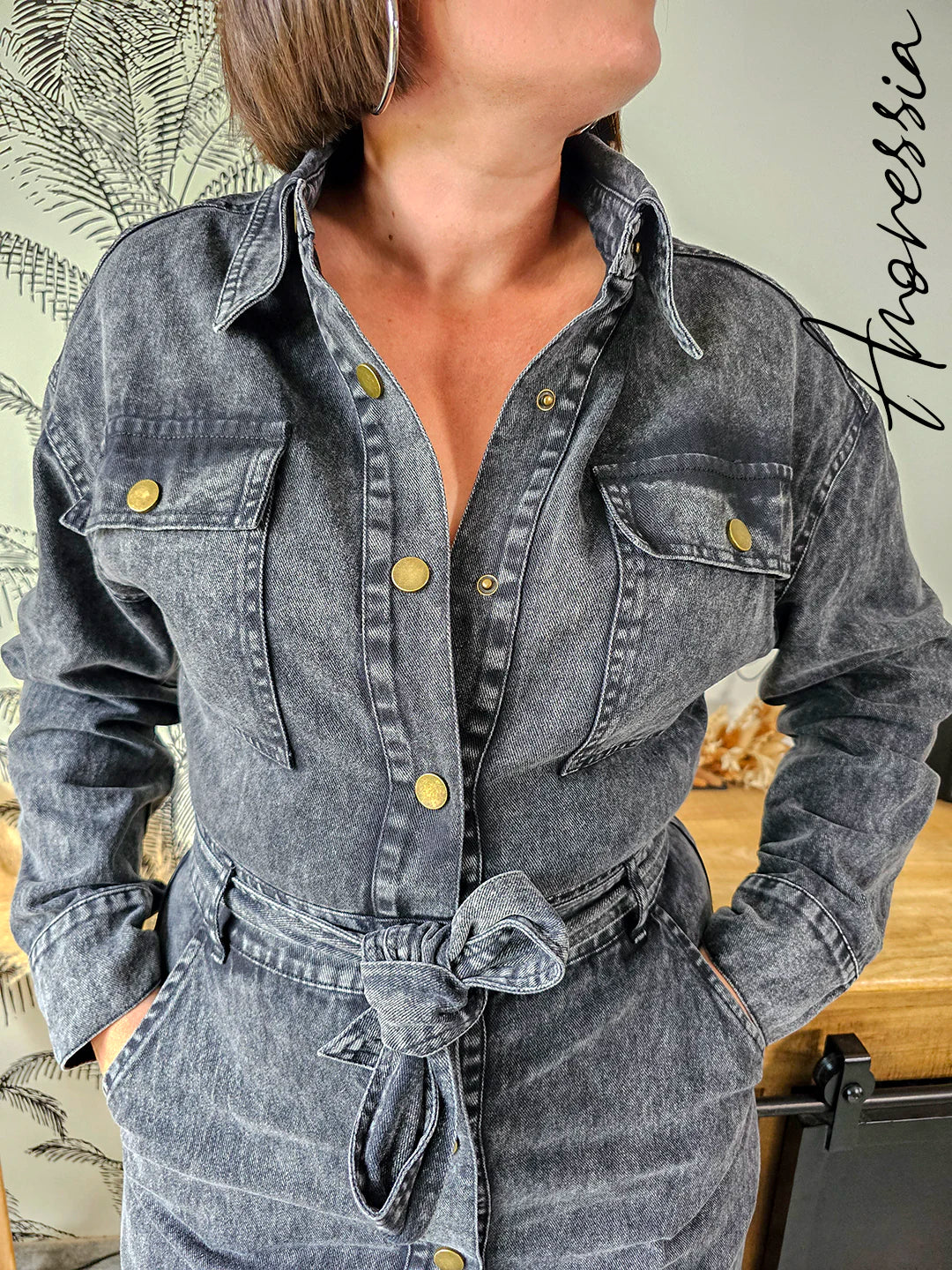 Robe Joia — Robe Longue Denim Délavée Manches Longues Femme vue détail