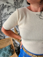 Pull Vanilla Beige — Pull Maille Manches Courtes Beige Femme photo portée