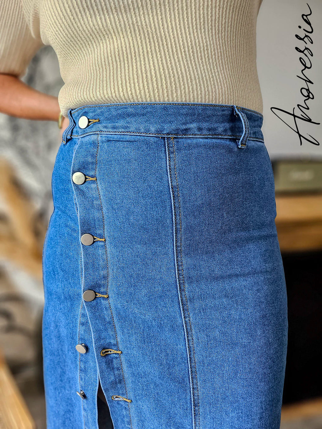 Jupe Longue Jean Estee — Jupe Longue Denim Boutonnée Femme photo portée