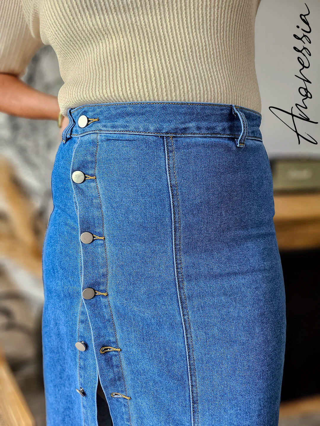Jupe Longue Jean Estee — Jupe Longue Denim Boutonnée Femme photo portée