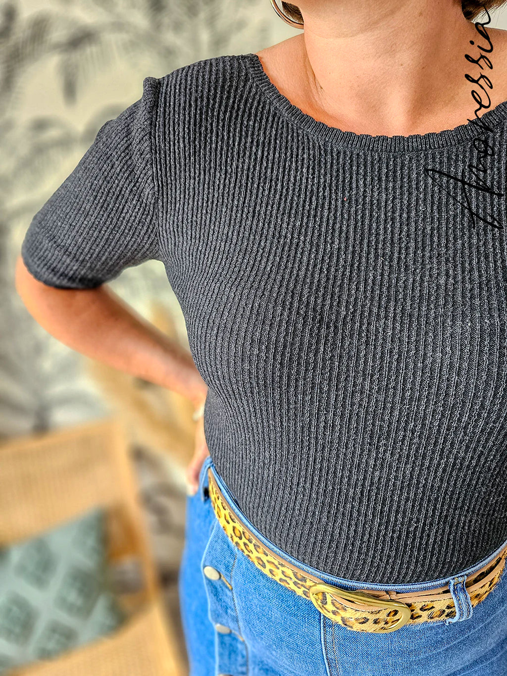 Pull Vanilla Anthracite — Pull Maille Manches Courtes Anthracite Femme vue détail