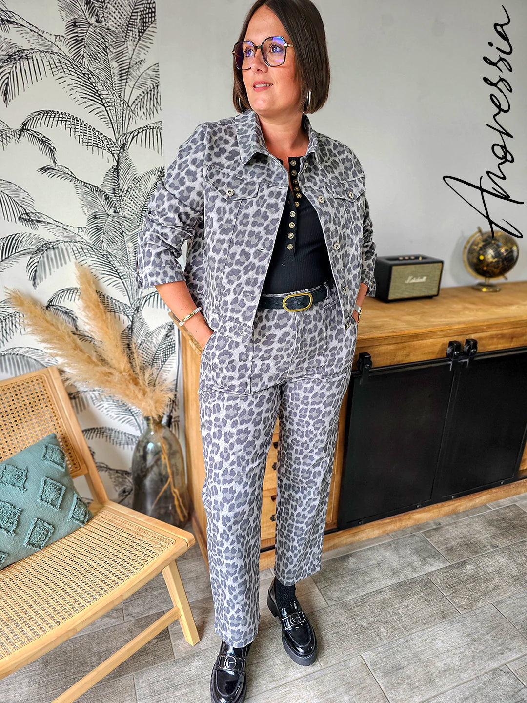 Veste Jean Léopard — Veste Jean Grise Imprimé Léopard Femme