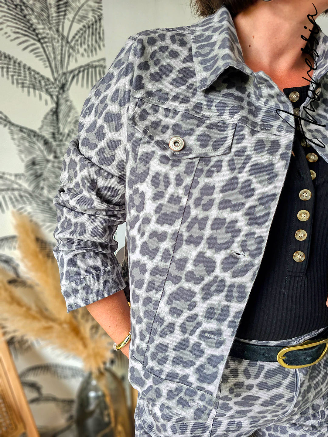 Veste Jean Léopard — Veste Jean Grise Imprimé Léopard Femme
