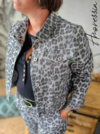 Veste Jean Léopard — Veste Jean Grise Imprimé Léopard Femme