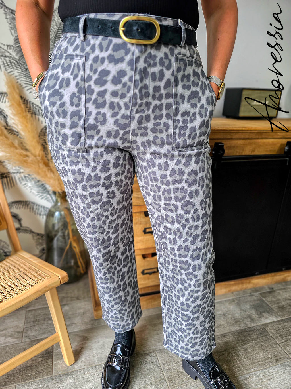 Jean Mom Léopard Gris — Jean Carotte Imprimé Léopard Femme