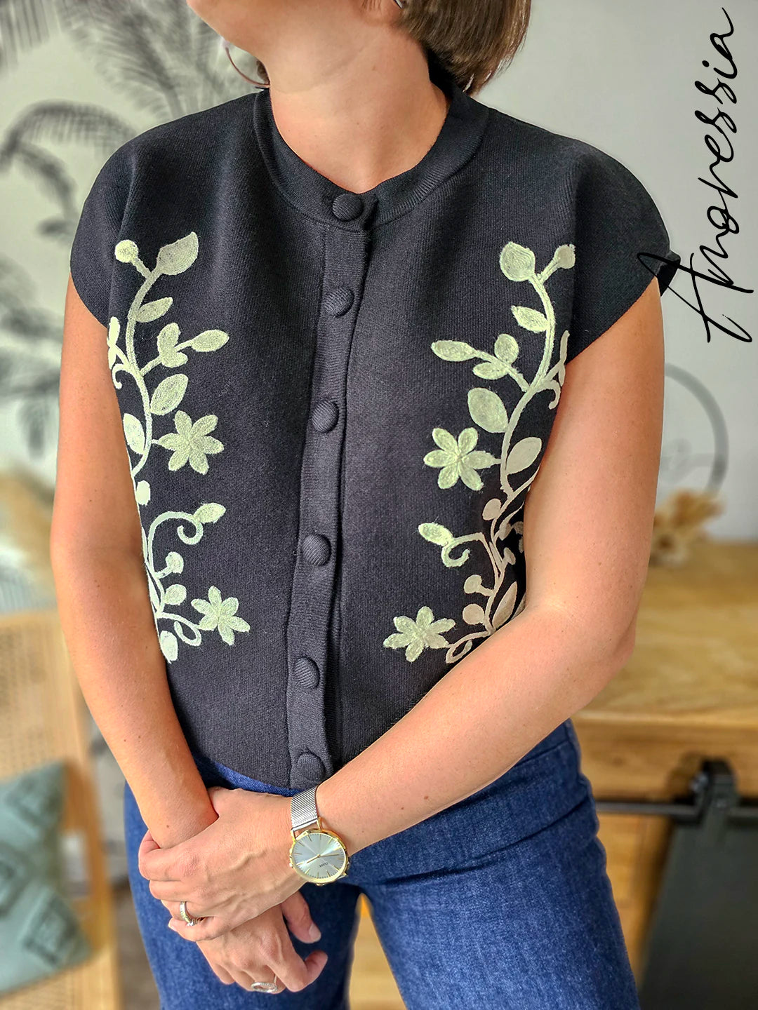 Gilet Prima — Gilet Noir Sans Manches Broderie Femme vue dos