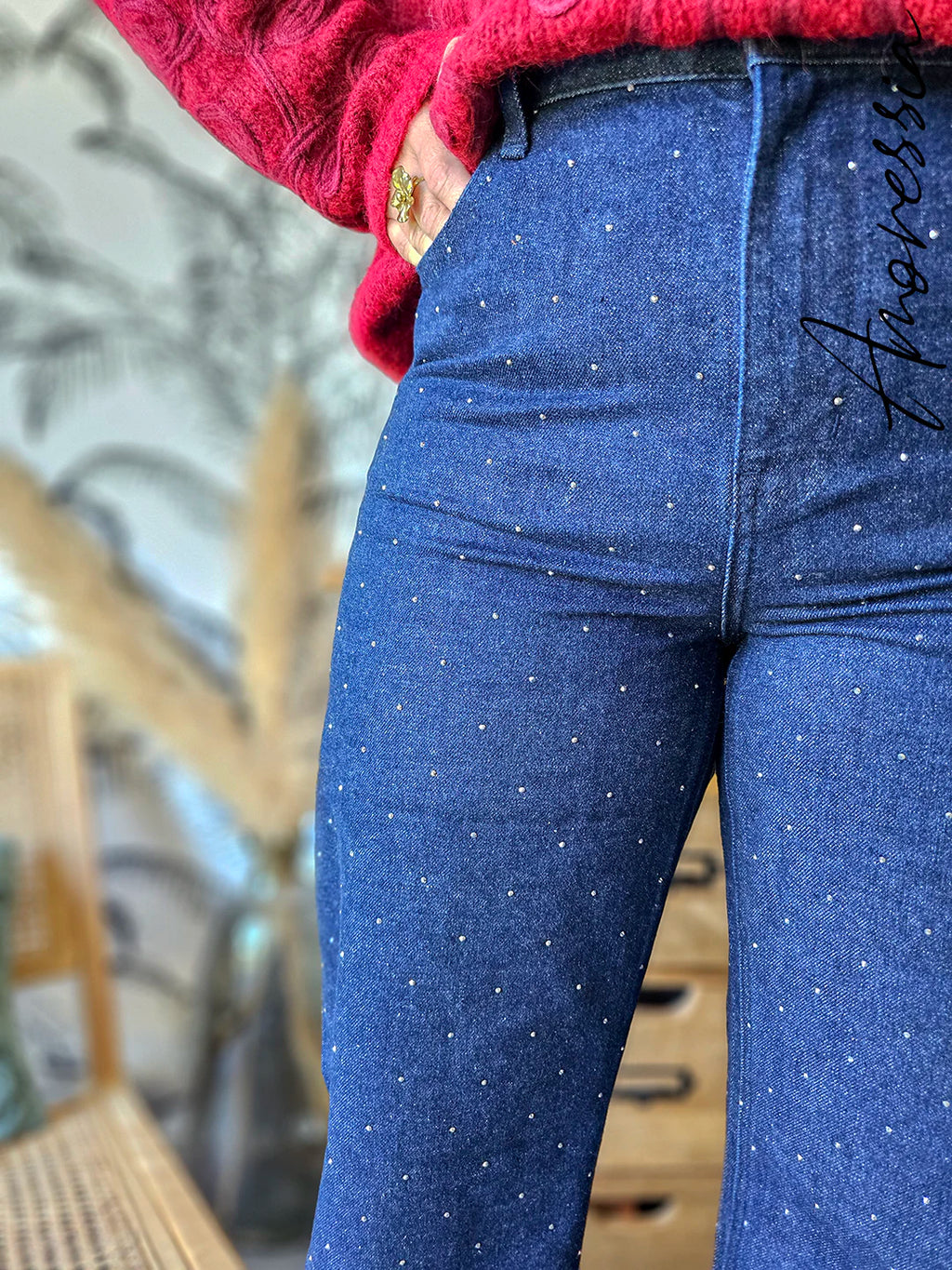 Jean Luxor — Jean Wide Leg Bleu Strass Taille Haute Femme photo portée