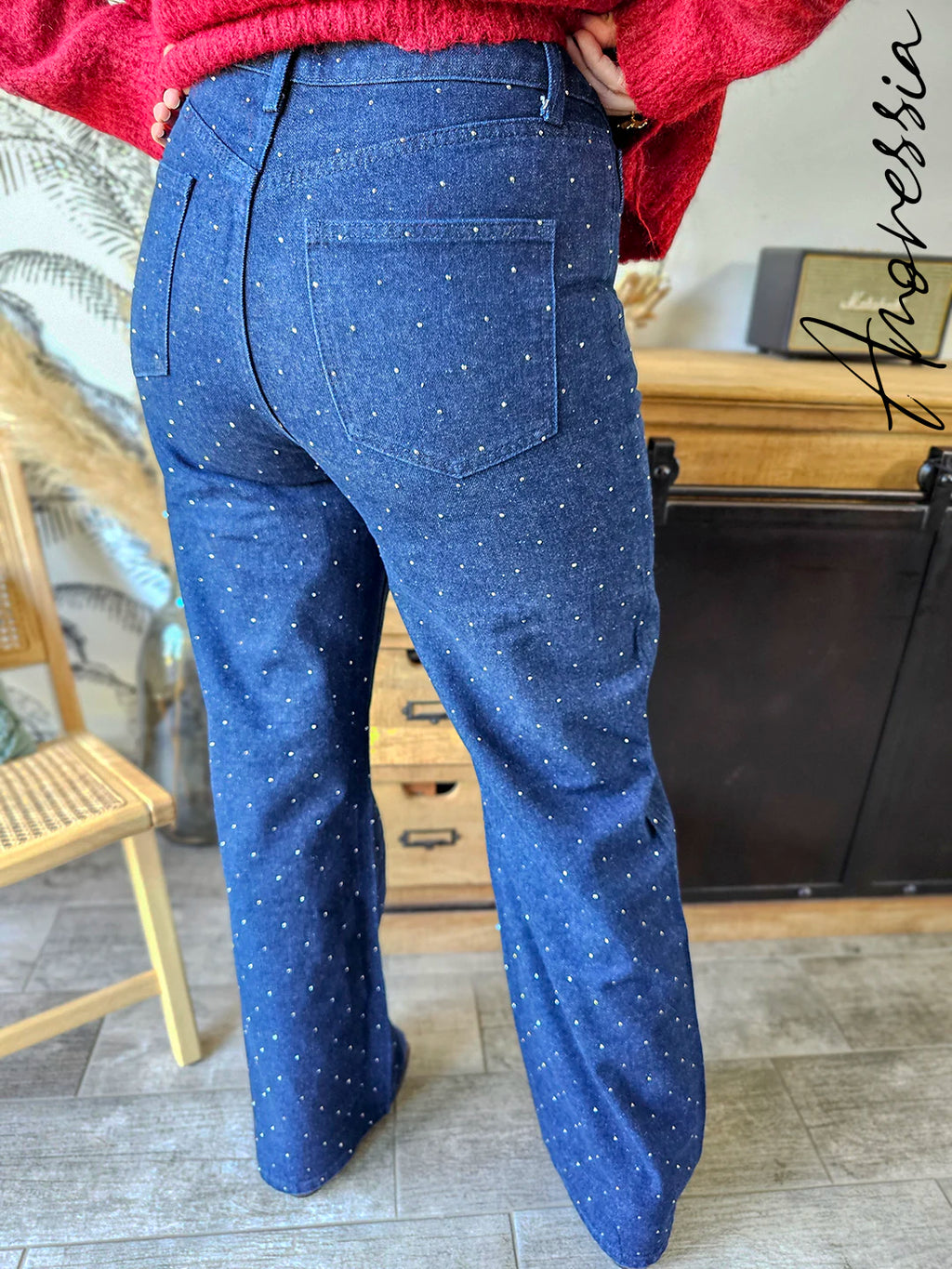 Jean Luxor — Jean Wide Leg Bleu Strass Taille Haute Femme photo lifestyle