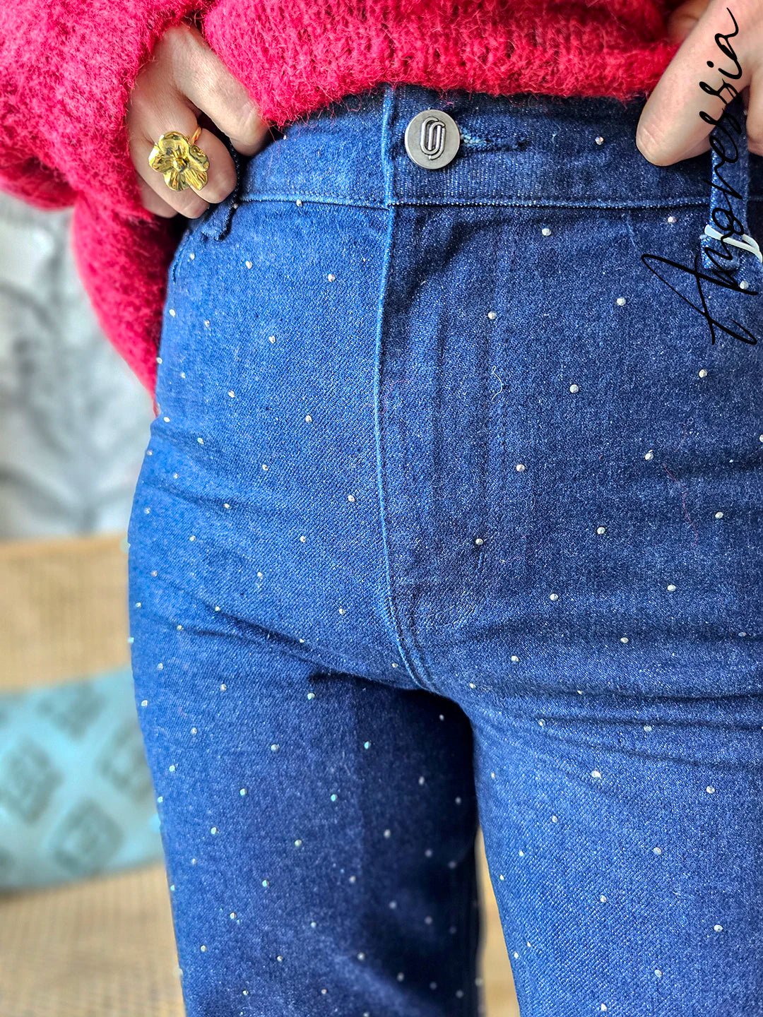 Jean Luxor — Jean Wide Leg Bleu Strass Taille Haute Femme vue détail