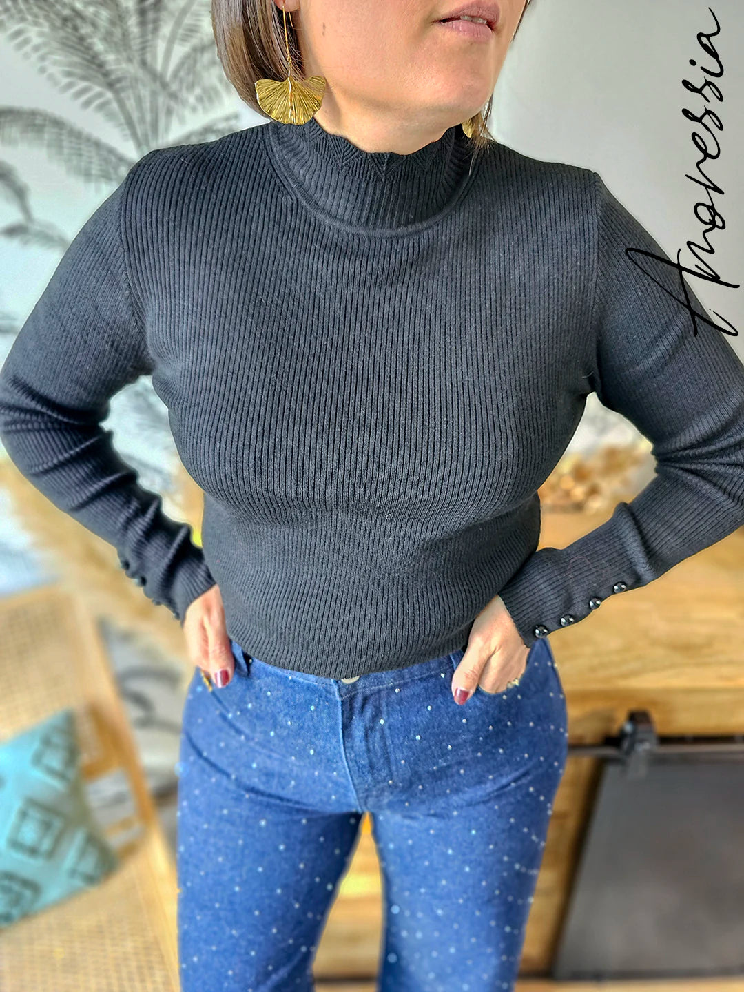 Pull Monica Noir — Pull Léger Noir Boutons Manches Femme