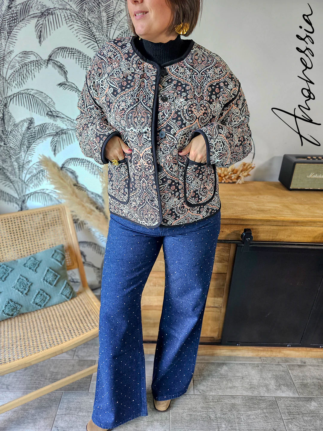 Veste Raven — Veste Matelassée Noire Imprimé Rose Femme