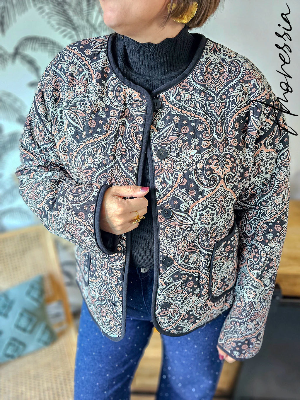 Veste Raven — Veste Matelassée Noire Imprimé Rose Femme