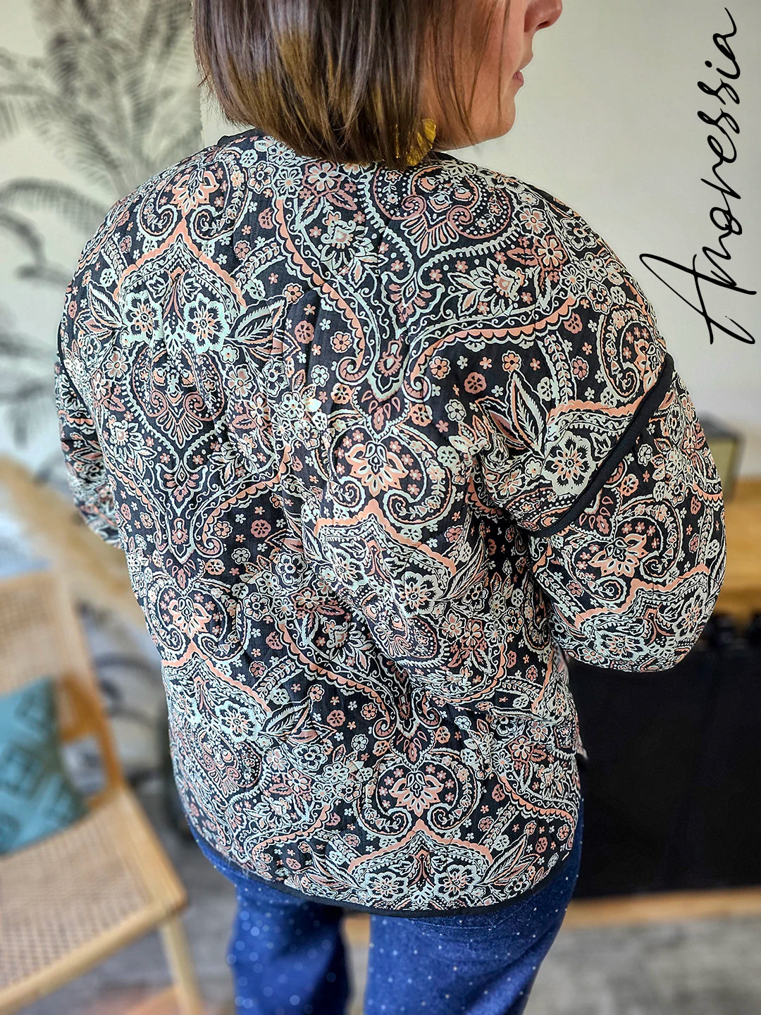 Veste Raven — Veste Matelassée Noire Imprimé Rose Femme