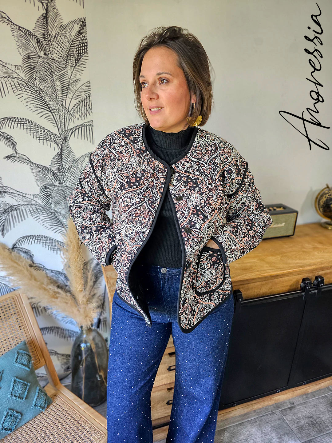 Veste Raven — Veste Matelassée Noire Imprimé Rose Femme