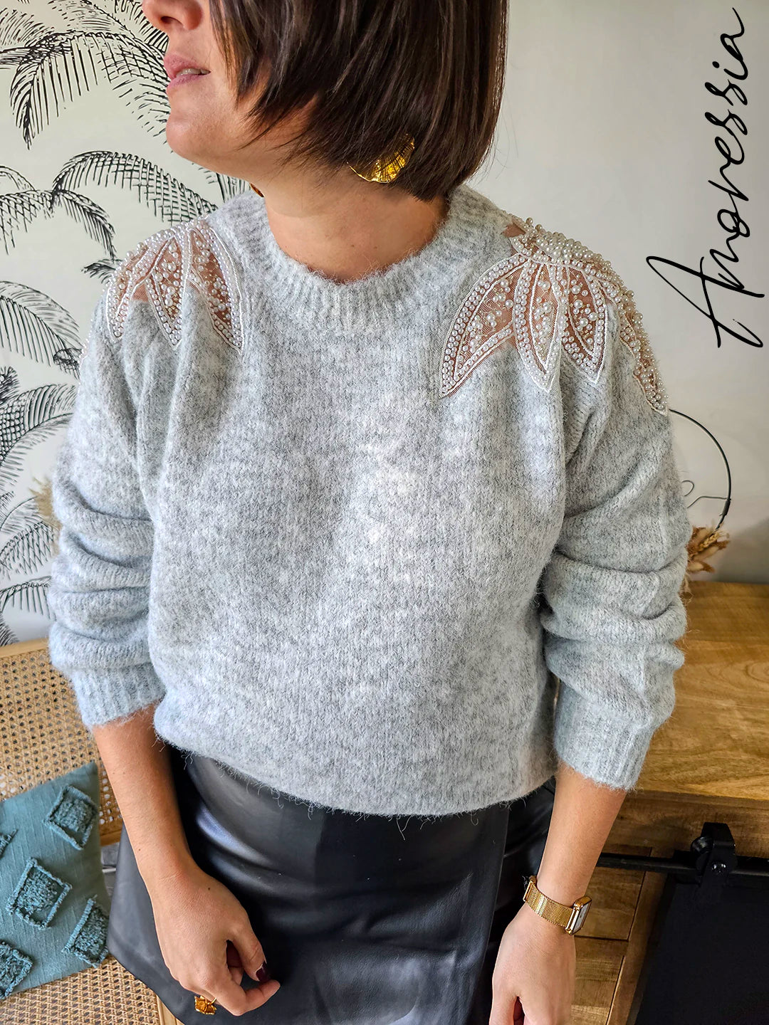 Pull Pia Gris — Pull Gris Clair Manches Longues Épaules Transparentes Femme