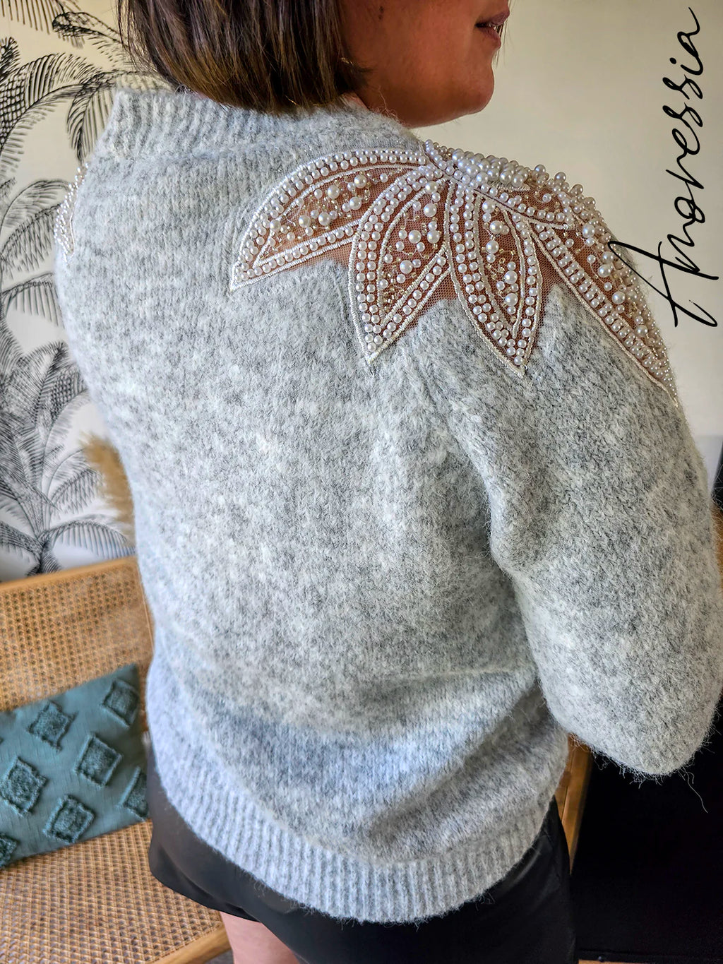 Pull Pia Gris — Pull Gris Clair Manches Longues Épaules Transparentes Femme autre vue