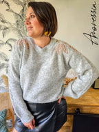 Pull Pia Gris — Pull Gris Clair Manches Longues Épaules Transparentes Femme zoom épaules