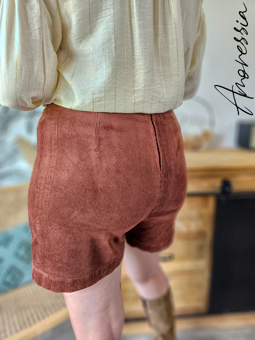 Jupe Short Cannelle — Jupe Short Velours Côtelé Camel Femme vue détail