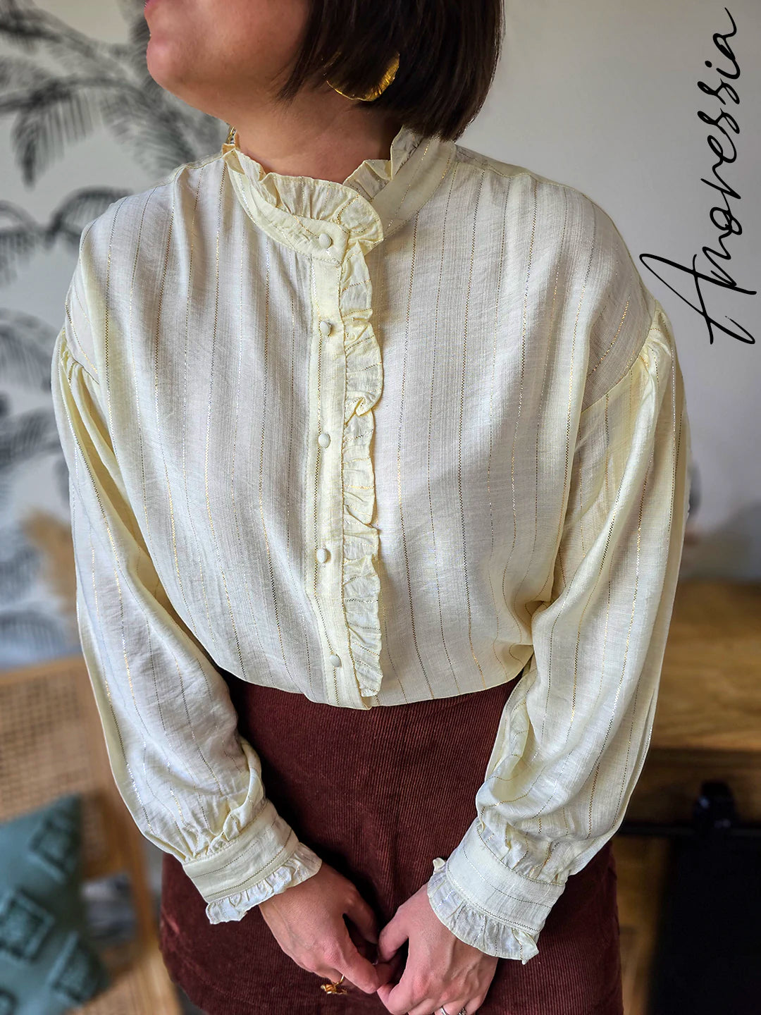 Chemise Dahlia — Chemise Écru Lignes Argentées Dorées Femme