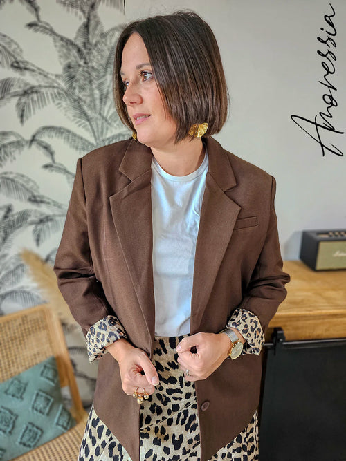 Blazer Chocolat Femme – Veste Tailleur Marron Doublure Léopard — Veste Willow Chocolat