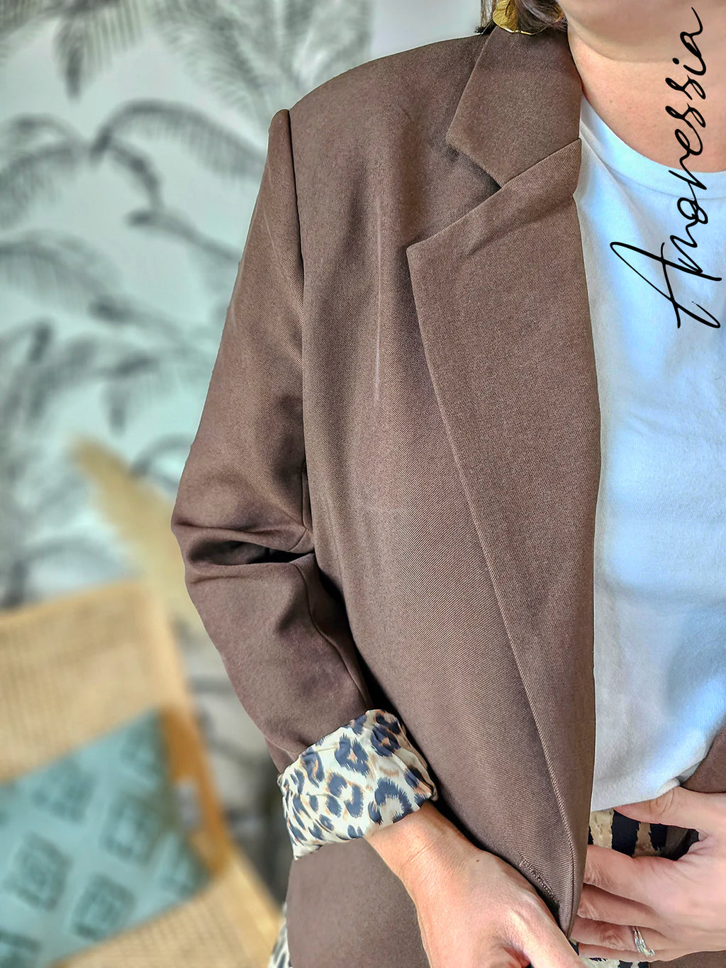 Veste Willow Chocolat — Veste Tailleur Chocolat Intérieur Léopard Femme