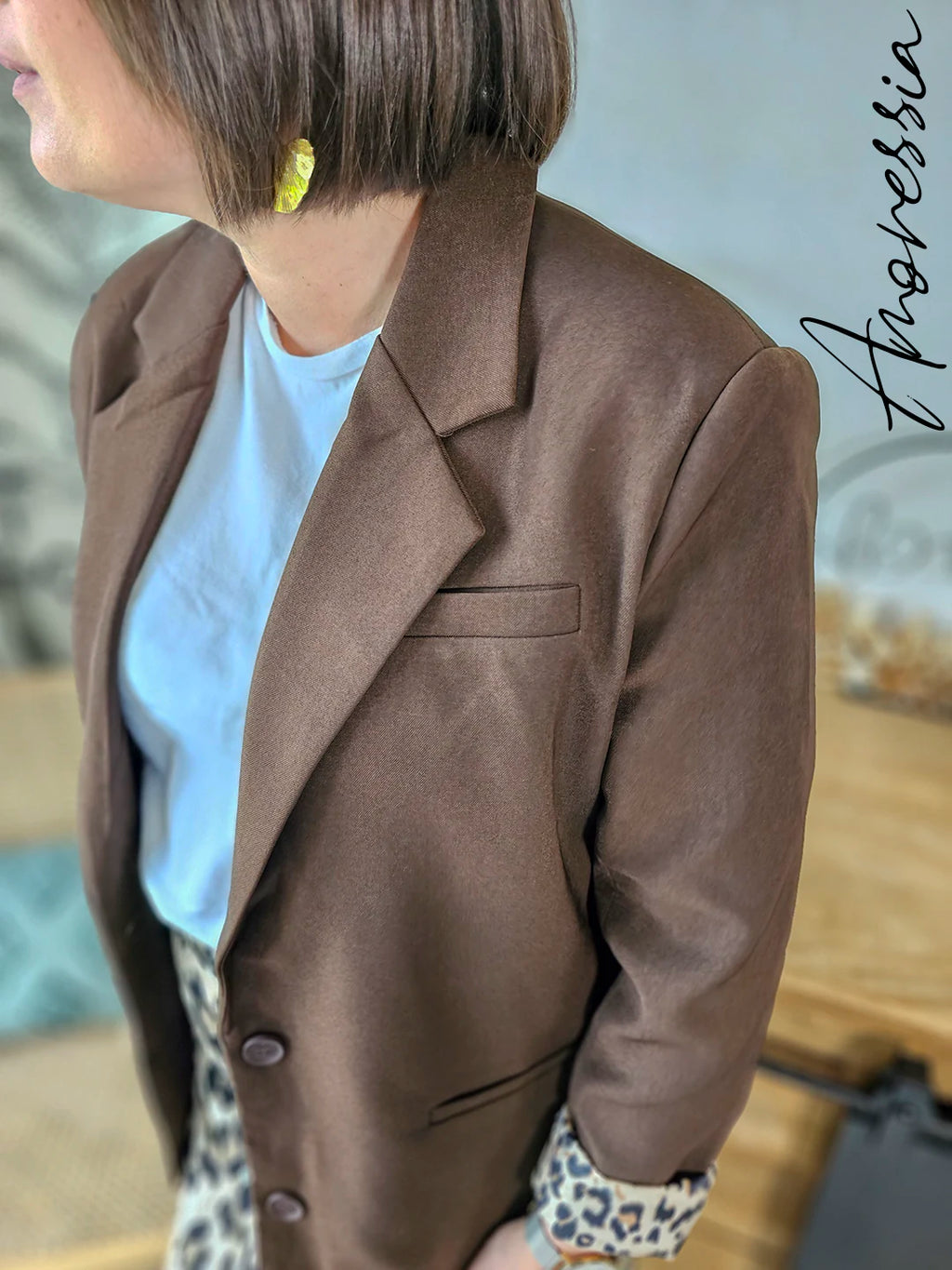 Veste Willow Chocolat — Veste Tailleur Chocolat Intérieur Léopard Femme