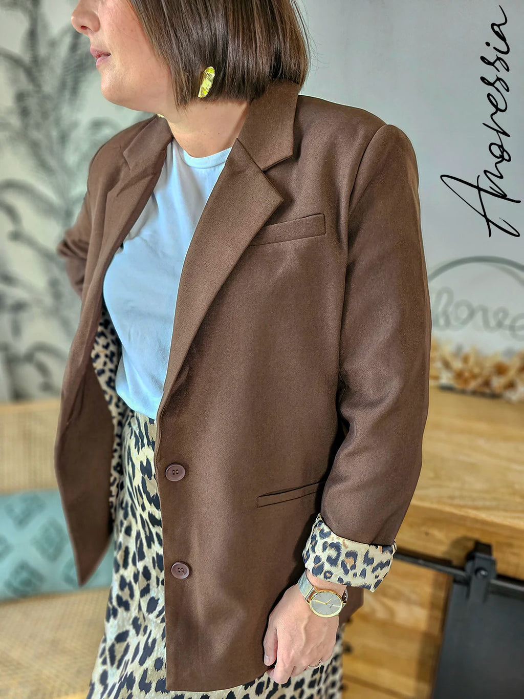 Veste Willow Chocolat — Veste Tailleur Chocolat Intérieur Léopard Femme
