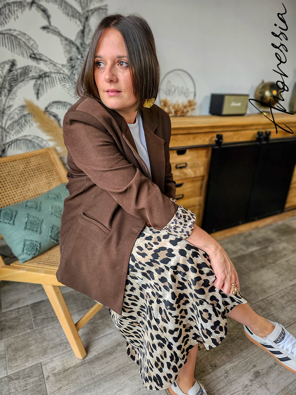Veste Willow Chocolat — Veste Tailleur Chocolat Intérieur Léopard Femme